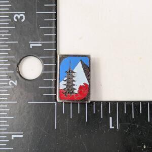 Vintage Japan Pagoda Mountain Enamel Pin Fuji Red Foliage 329 Silver Lapel Badge